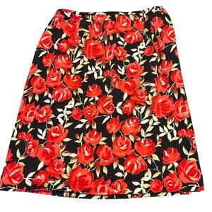 Vintage JKLA Los Angeles Black Red White Green Roses Floral Skirt Womens Size 10